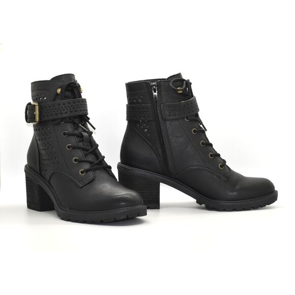 A8 Auth ZODIAC Gemma Perforated Leather Black Side Zip Lace Up Boots Size 8.5M - Picture 1 of 9